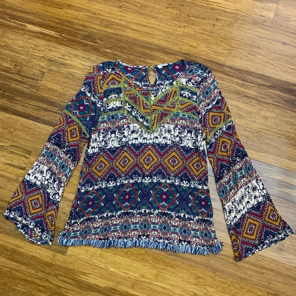Umgee Bohemian Bell Sleeve Top Aztec Diamond Print Multicolor‎ Lace Size Small
